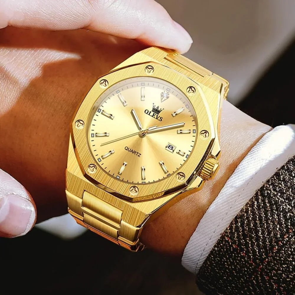 Olevs Men's Gold Stainless Steel Analog Luminous Waterproof Easy Wear Watch